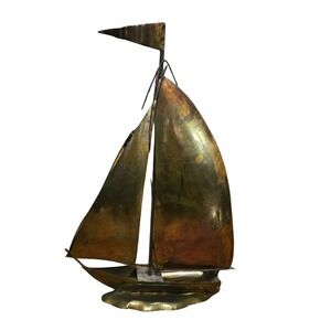 Midcentury Modern MCM Copper Colored Sailboat Tin Brass Sailing Ship Nautical